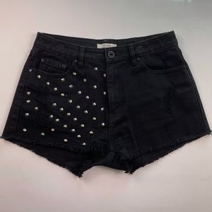 High Waisted Studded Black Shorts w/ Fray Detail